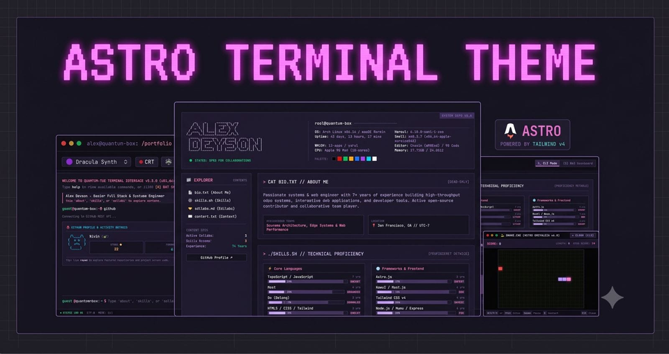 Astro terminal theme in dark purples and bright pink