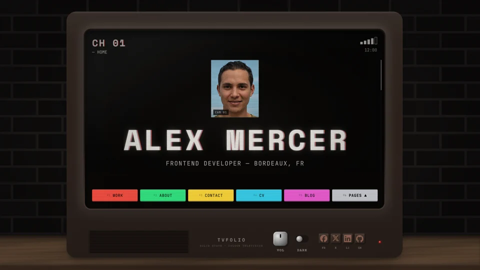 A portfolio page displayed inside a retro television