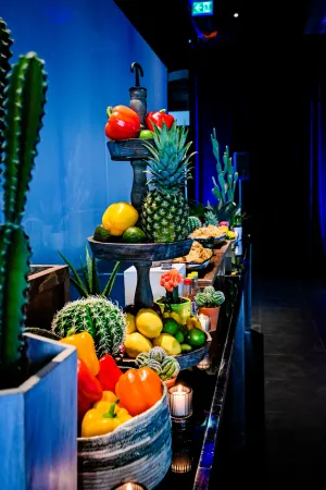 Long taco bar decorated with cacti.