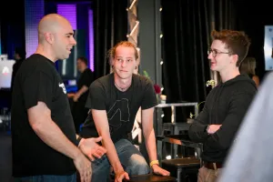 Glauber from Turso speaks with Elian and Ben from the Astro core team. Elian wears a black Astro t-shirt.