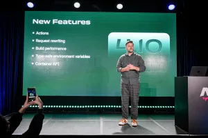 Matthew Phillips speaking on stage, introducing new features from Astro 4.10: Actions, request rewriting, build performance, type-safe environment variables, and the Container API.