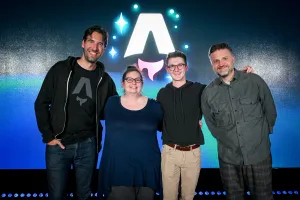 Group photo of keynote speakers. From left to right: Fred K. Schott, Sarah Rainsberger, Ben Holmes, and Matthew Phillips.