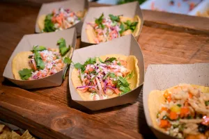 Closeup of half a dozen corn tortilla tacos.