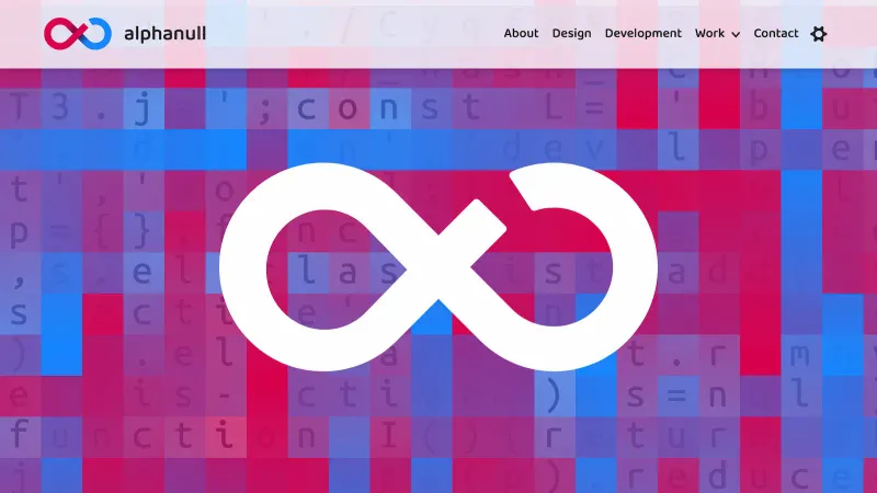 alphanull home page with a large infinity symbol