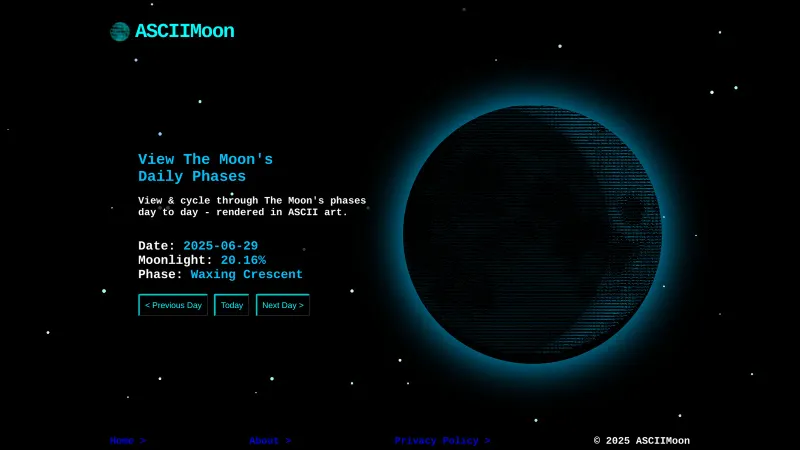 ASCIIMoon showing an Ascii generated illuminated moon with a blue glow around it in a waxing crescent phase against a black cosmic background with stars. Information about the moon on a given day is shown, along with navigation buttons to move backwards or forwards in time.
