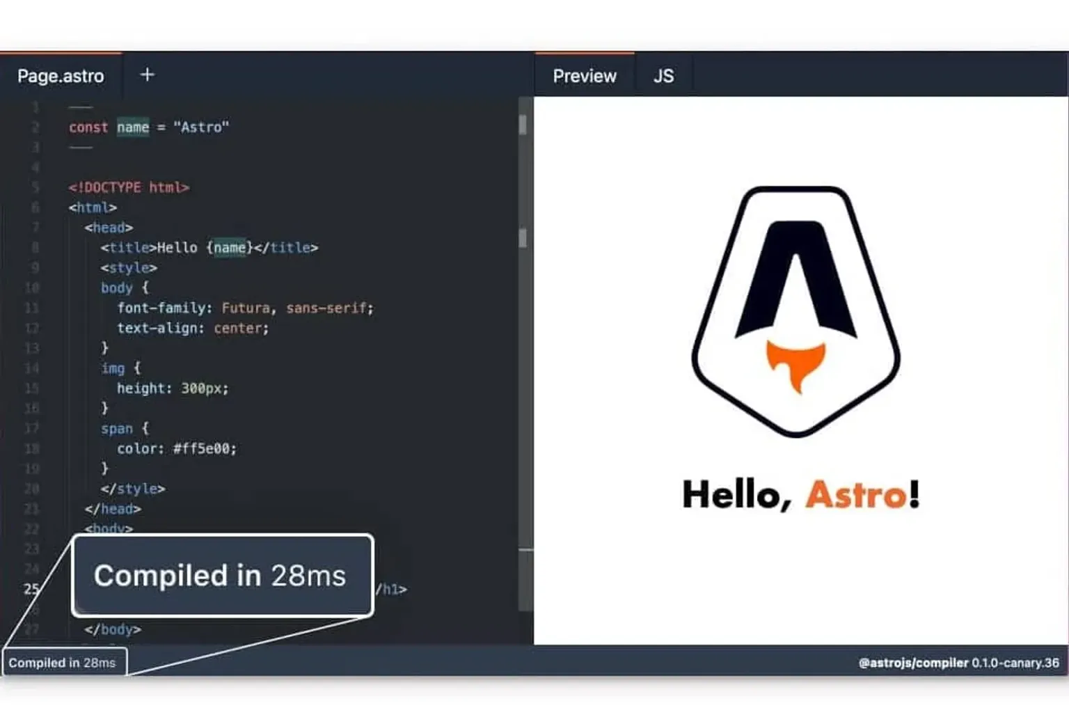 Screenshot of Astro REPL showing off fast compile time of 28ms