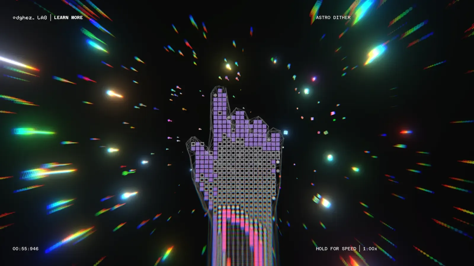 A digitally created pixelated hand reaching into black space with several beams of colorful light shooting towards it.