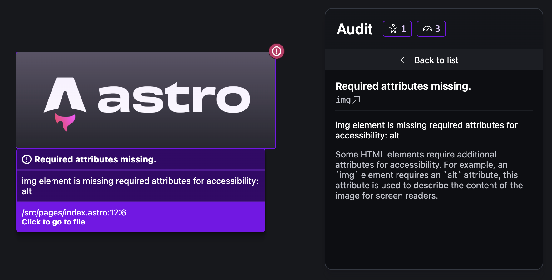 The new audit panel in Astro 4.5. Shows the problem title, a short message explaining the problem, and a longer description as to why this is a problem.