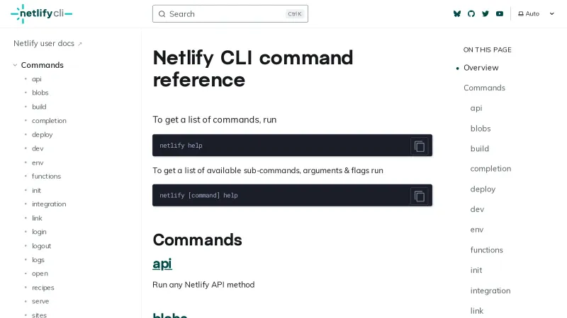 Netlify CLI command reference 3-panel landing page, showing a left sidebar list of commands and right sidebar of commands on this page.