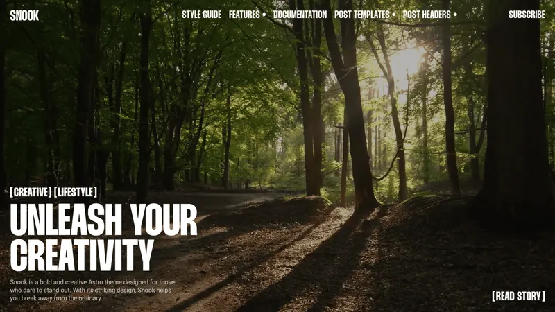 Bold uppercase fonts for title and navigation menu on a dark forest background with sun streaming in from above through a break in the foliage.