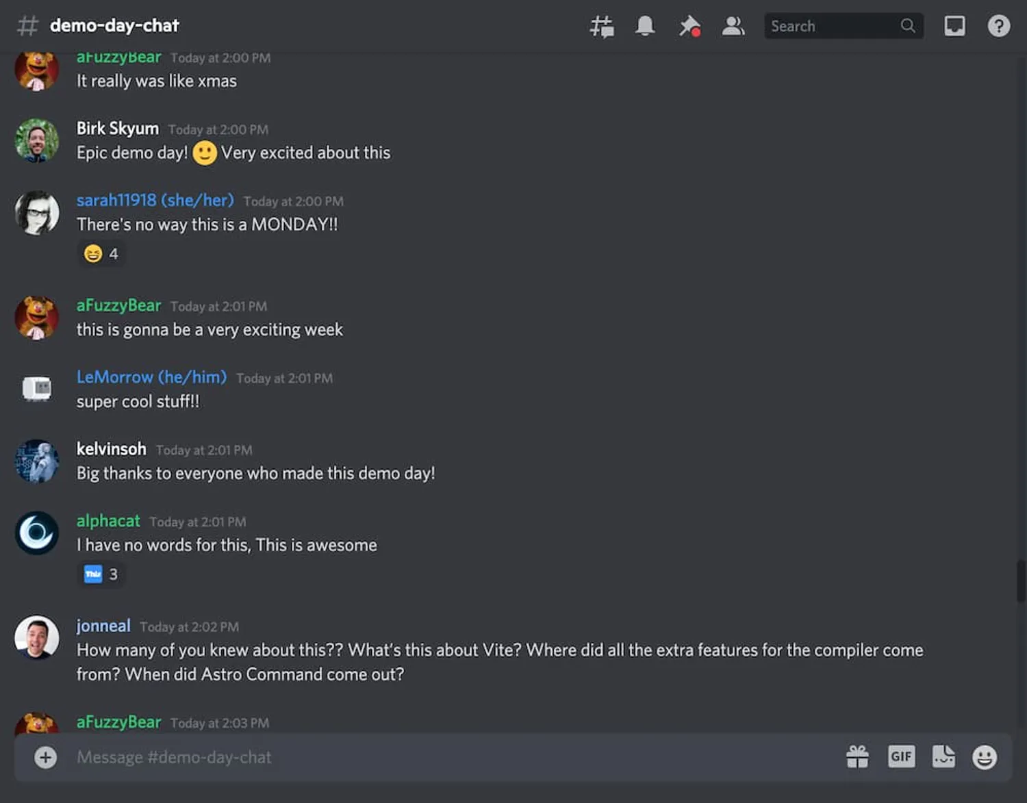 Messages from the Demo Day chat room on Discord