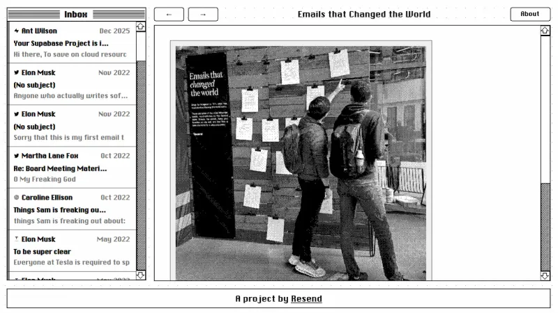 A grey scale vintage MacOS email client showing emails from tech celebrities in an inbox