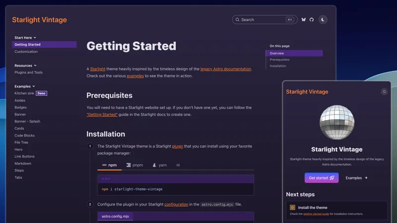 A dark purple documentation site with orange accents.