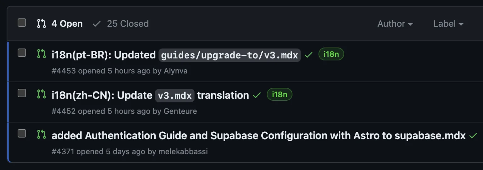 A selection of Astro docs open PRs on GitHub, showing translation PRs next to a PR to add new CMS guide content.