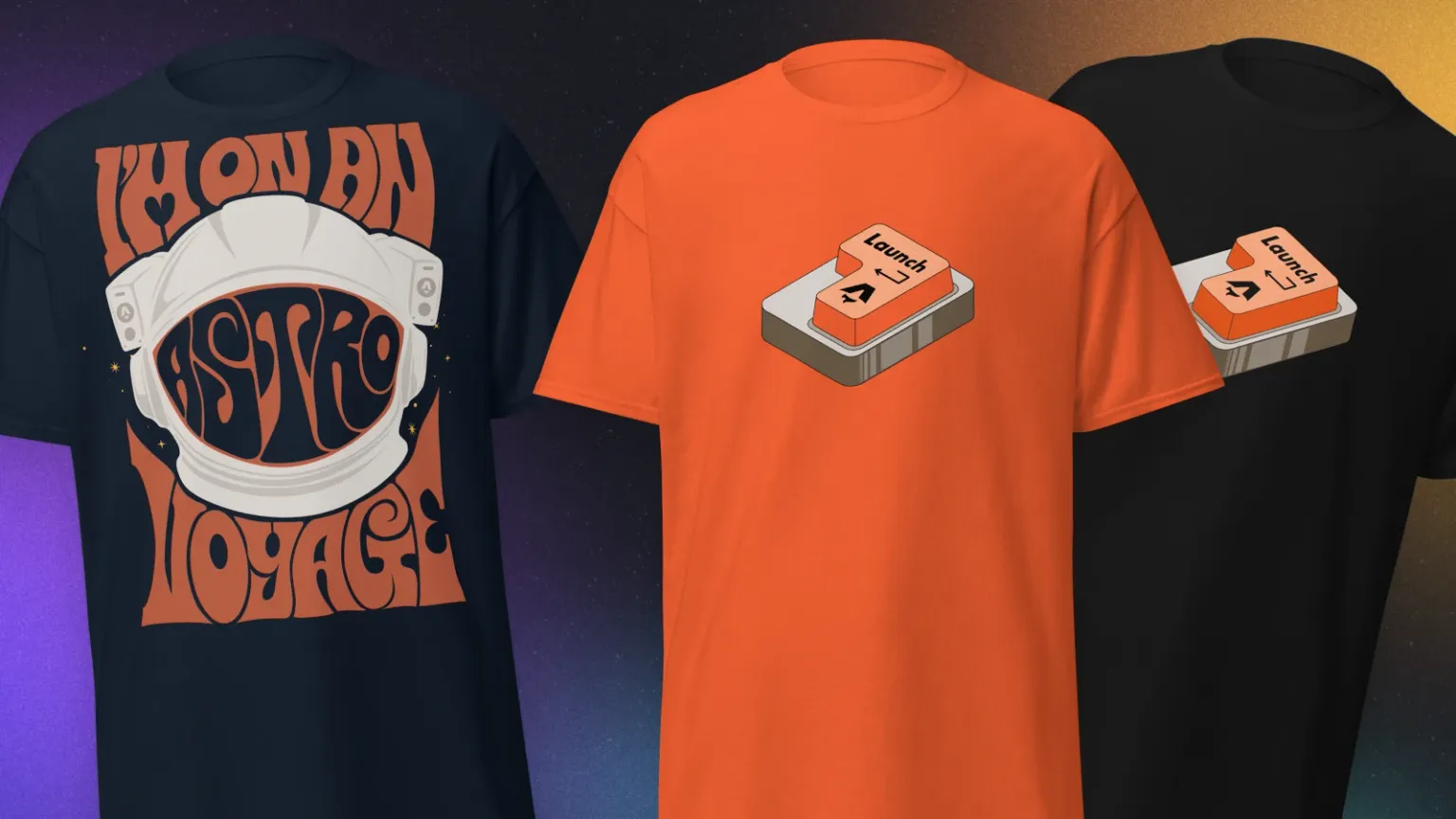 Three t-shirts: a navy blue t-shirt reading “I’m on an Astro voyage” in swirly 1960s-style lettering over an astronaut helmet; an orange t-shirt and a black t-shirt, both featuring the same stylized return key labelled with the Astro logo and the text “Launch”.