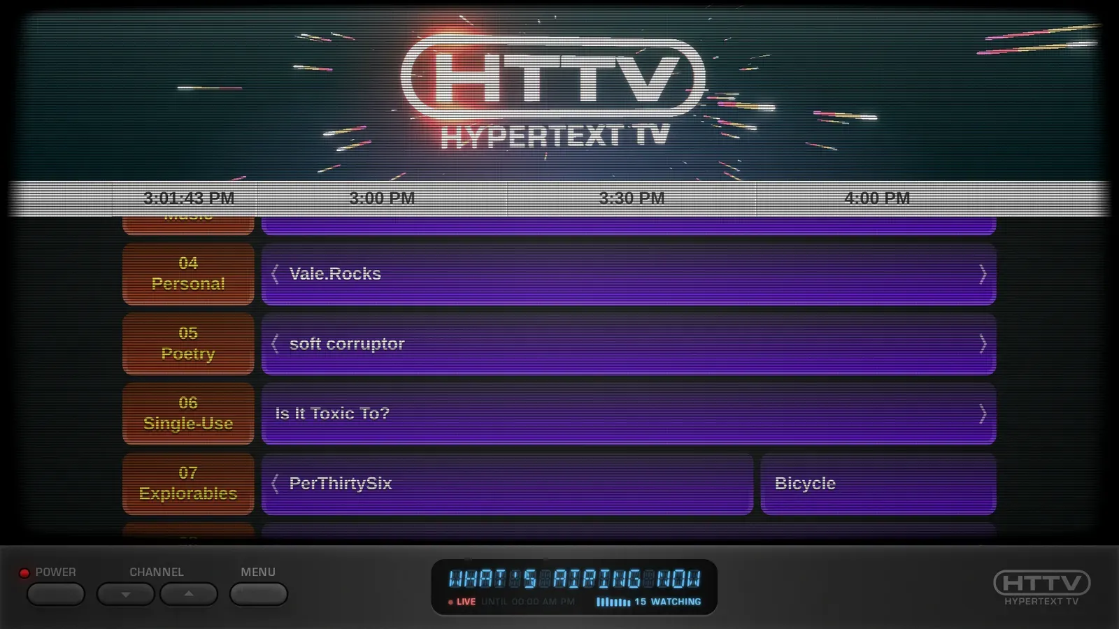 A television guide channel inside a television UI with buttons for power, channel up and down, and menu.