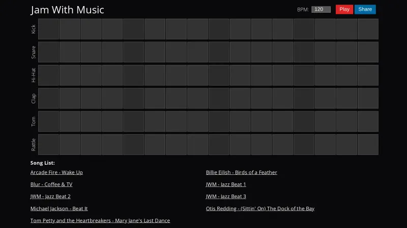 Jam with Music. A grid of 6 rows representing different percussion sounds (e.g. Tom, High Hat) and 16 columns (4 bars of 4 beats each) for selecting when each sound should play. Underneath is a list of prerecorded song tracks as examples. There are controls in the upper right of the screen for BPM (beats per minute), Play, and Share.