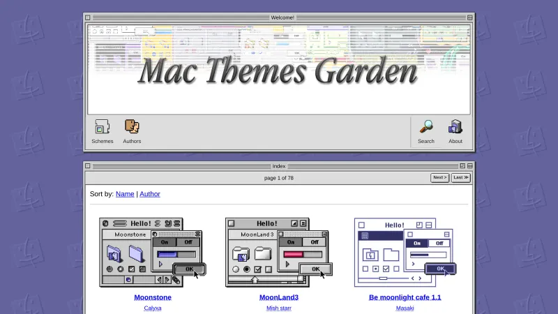 A retro Classic Mac OS desktop with a grid of different themes.