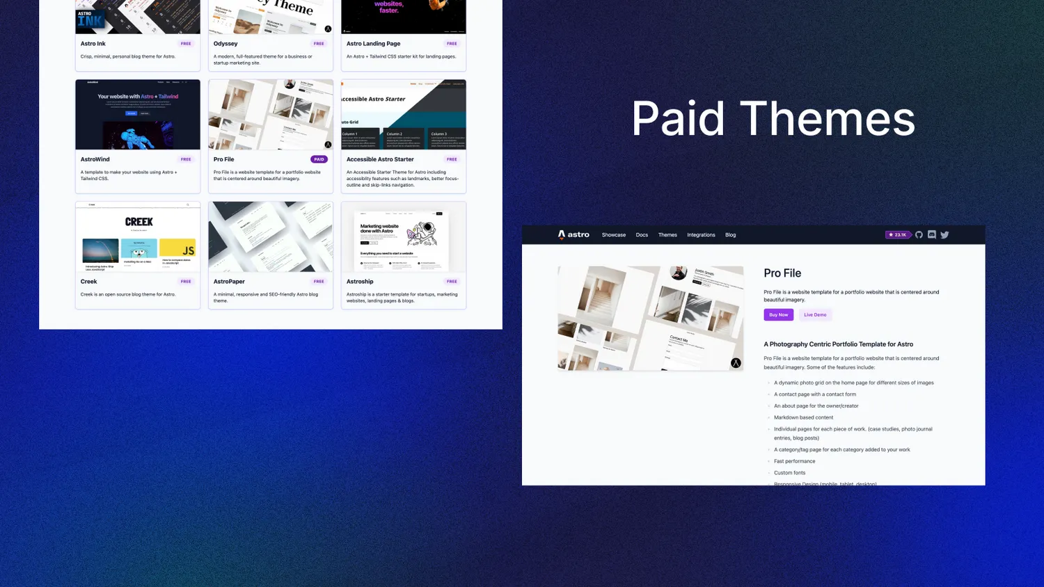 Screenshots showing the details page for a paid theme on the new themes catalog