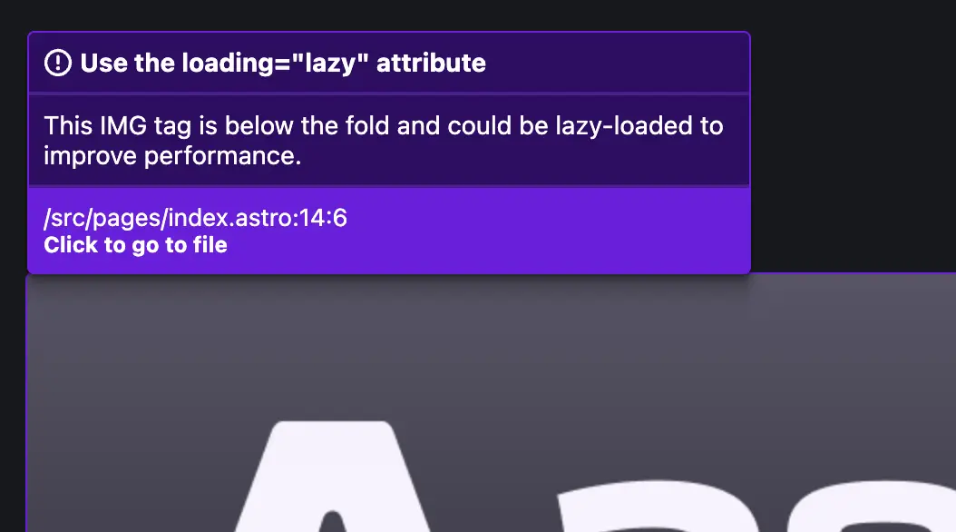 Shows a tooltip telling the user to use loading='lazy' on an image below the fold.