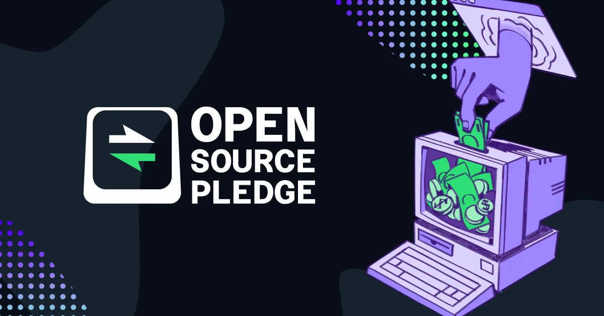 open source pledge, illustration is of a hand stuffing money into the top of an old school chunky computer like a piggy bank