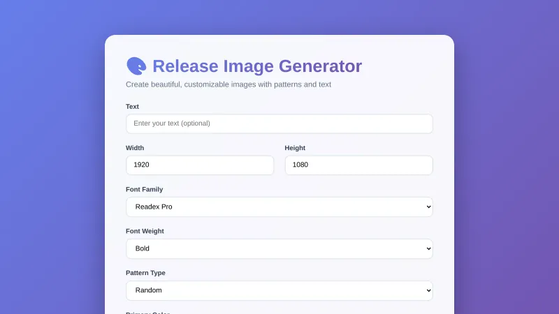 Release Image Generator tool showing fields to enter like text, width, height, font, and pattern options.