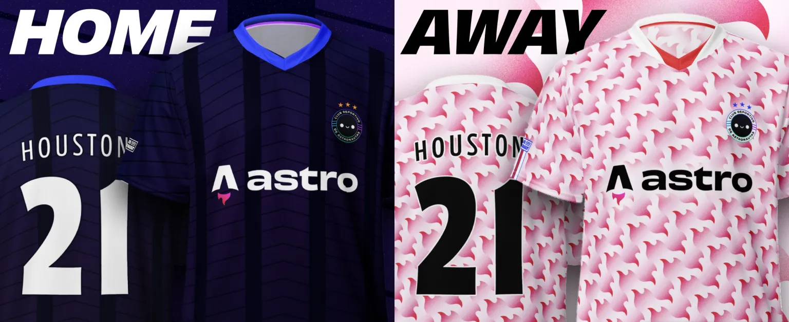 Home and away Astro shirts with the name “Houston” and number 21 on the back. The home shirt is dark with a vibrant blue collar and subtle dark blue-purple vertical stripes. The away shirt is light and covered with a busy red-and-white tessellating pattern built from the flame in the Astro logo. Both shirts have a crest on the left breast and large Astro logo as the shirt sponsor.