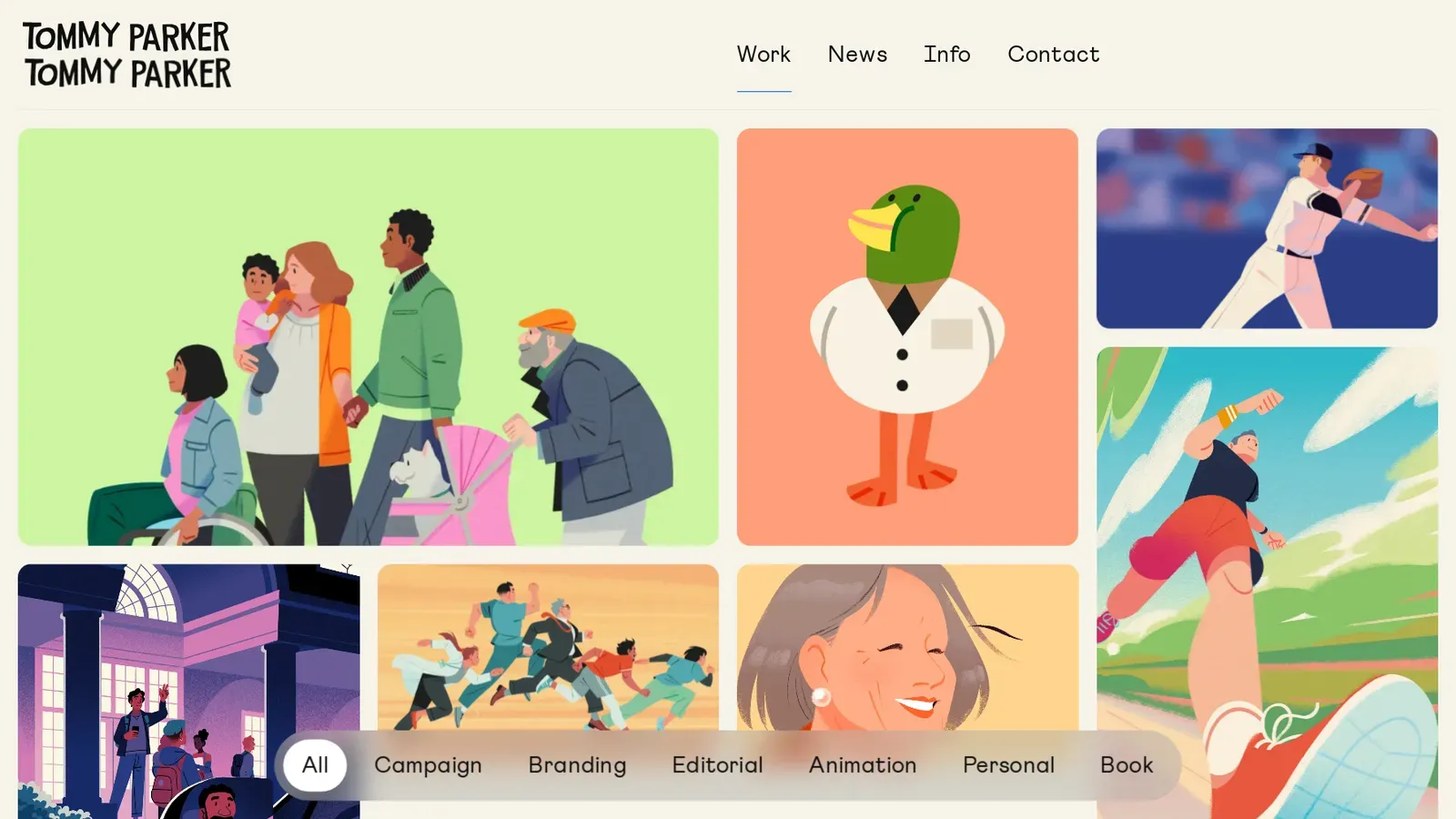 Tommy Parker home page, with a grid of cartoon tiles.