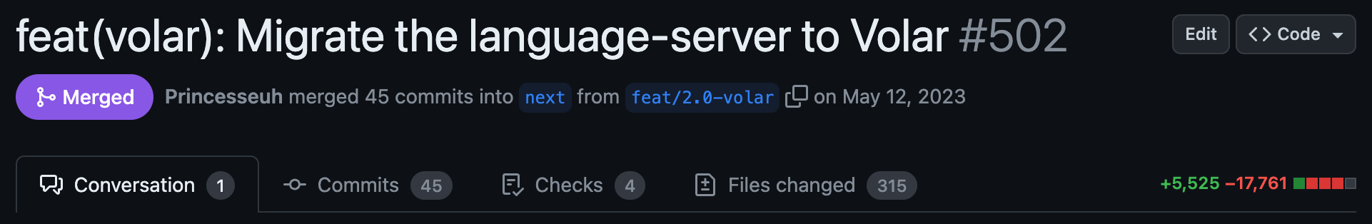 Shows the pull request where the Volar migration was merged. 325 files were modified, 5823 additions, and 17238 deletions.