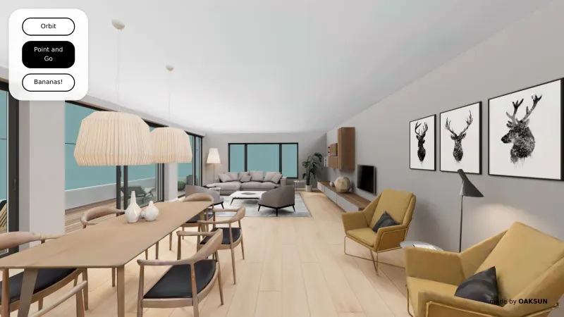 A 3D virtual tour of a large interior living space with dining table and chairs, accent chairs, a sitting area in the distance. The control menu options are Orbit, Point and Go, and Bananas!