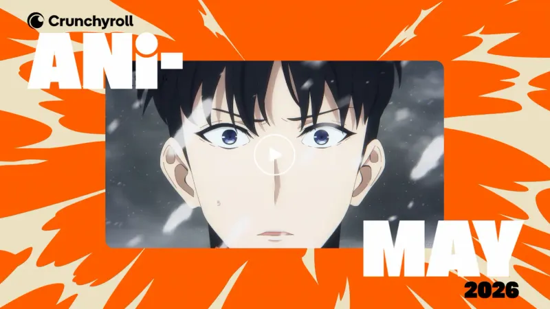 Crunchyroll Ani-May with a close up of a character's face, on top of an orange splashy backround.