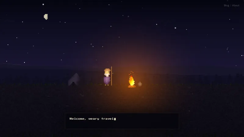 A dark, 8-bit landscape with the glow of a small fire and a guide figure standing in its light. The words Welcome, weary traveler are in the process of being printed out at the bottom.