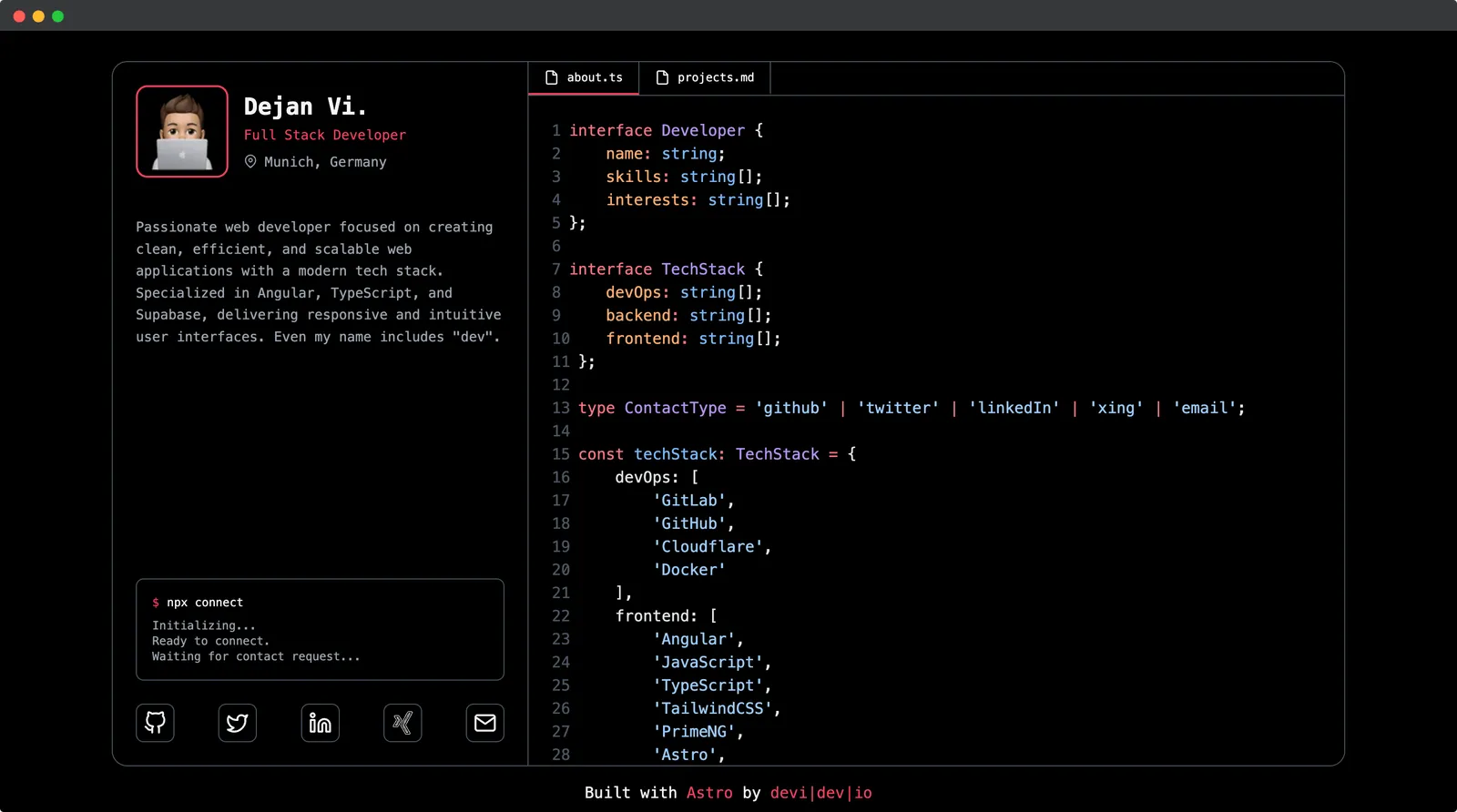 A dark themed two column portfolio site. The left column includes an avatar and basic personal information. The right column is in the style of a code editor with multiple files open (about.ts and projects.md) and the content is written as syntax highlighted code.