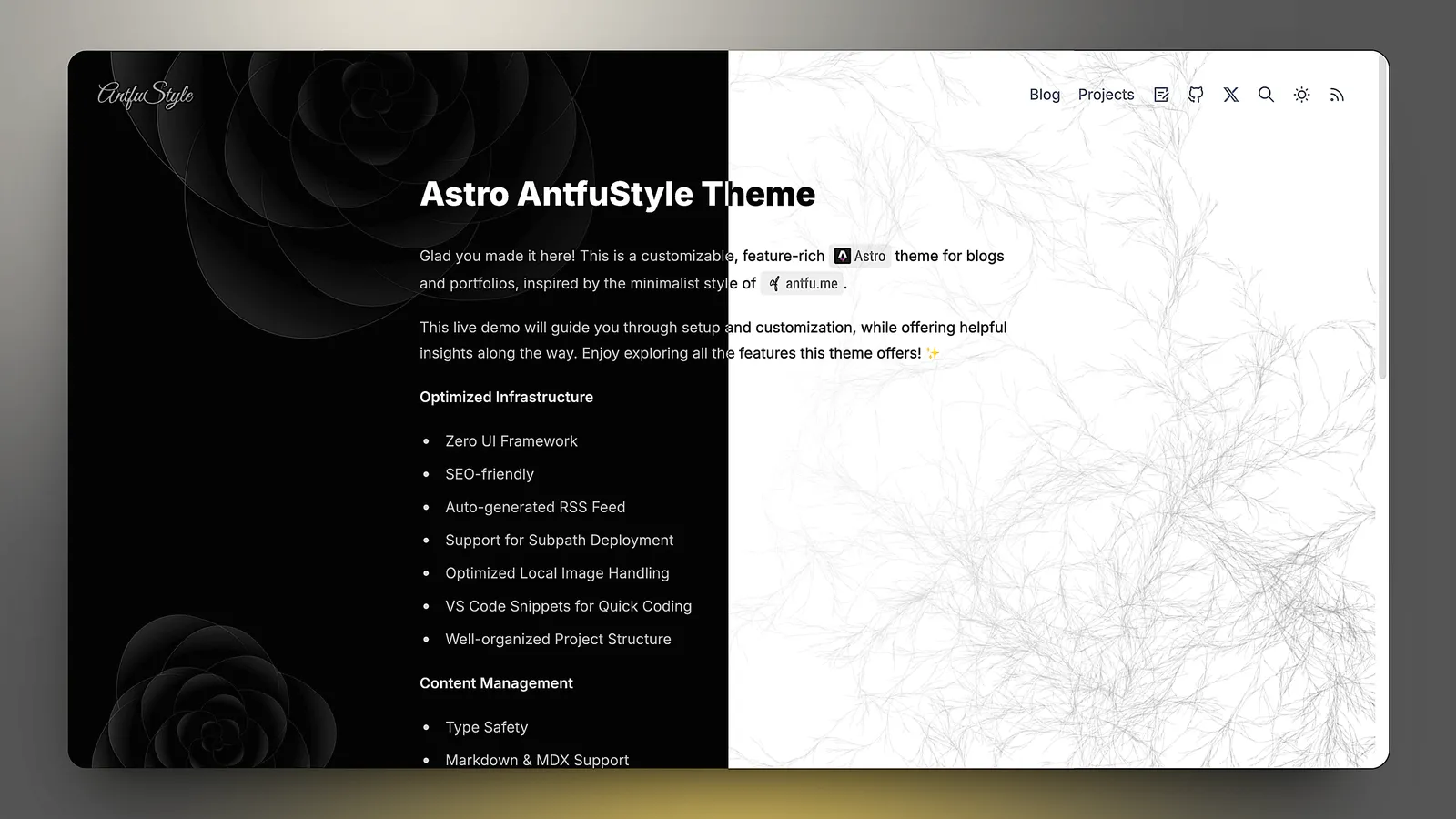 A vertically split screen with a black background and white text on the left and white background with black text on the right.