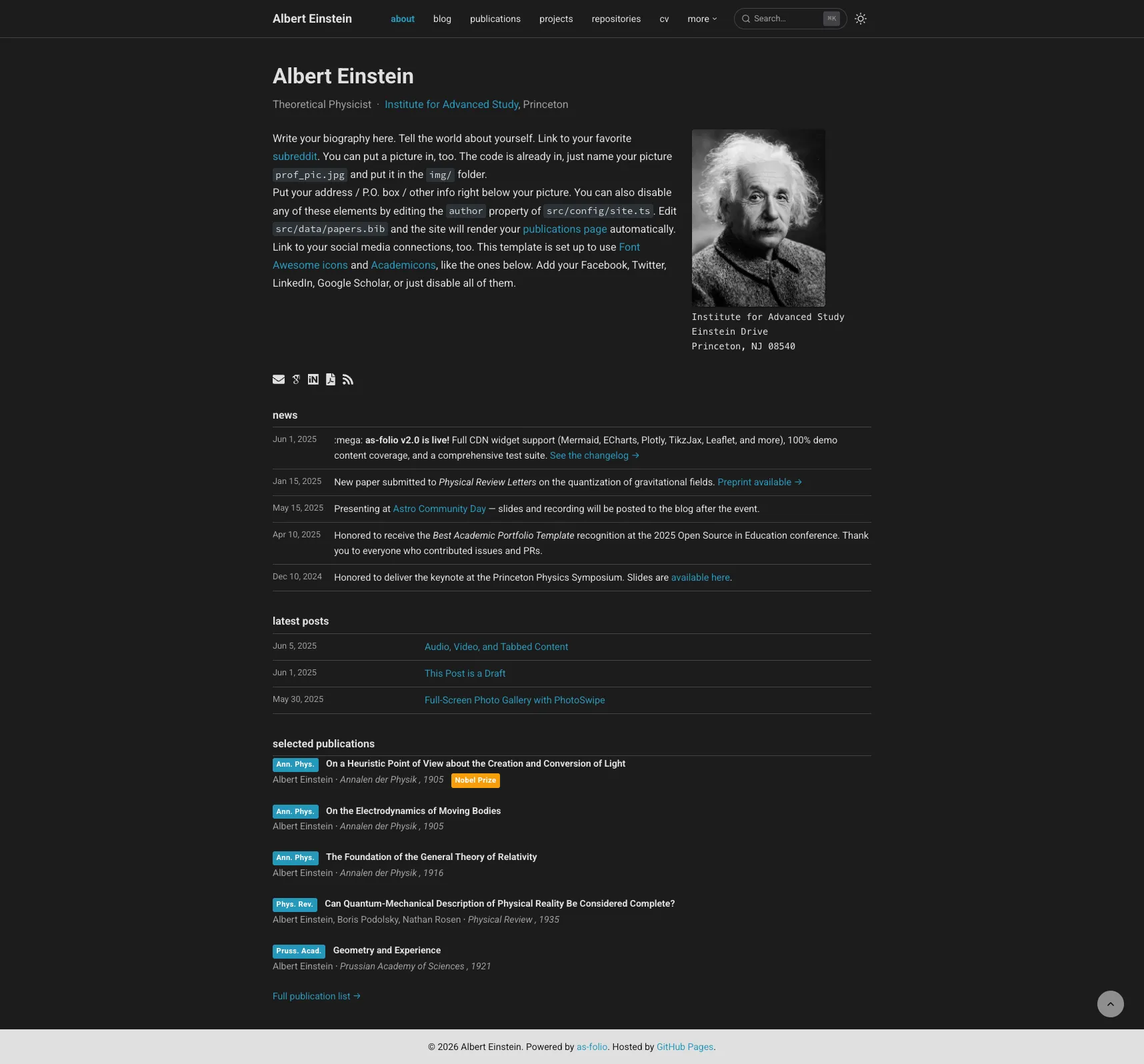 A clean portfolio site with sections for bio, news, latest posts, selected publications and more.