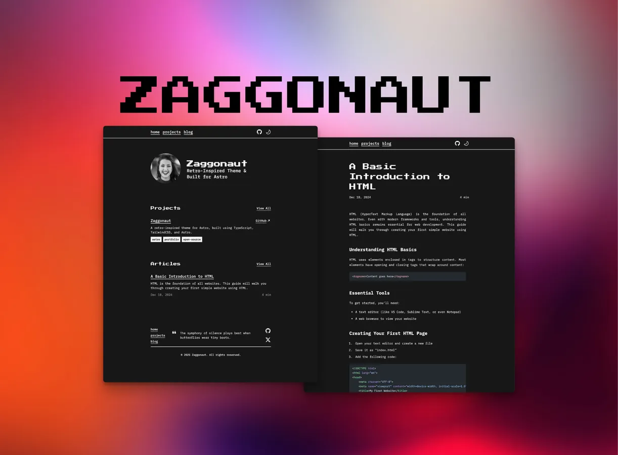 Two pages of a minimal black theme with white, 8-bit font showing a Home page with avatar, project listing and articles and a the second page is A Basic introduction to HTML argicle. Both pages are on a multi-colored red, orange, pink, and purple background.