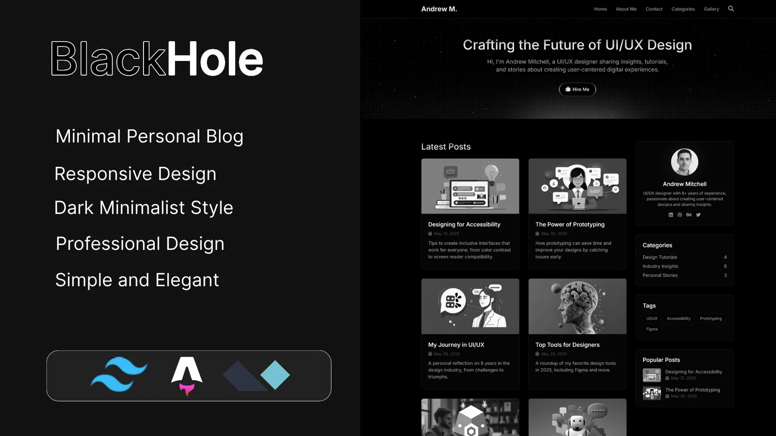 BlackHole Minimal Personal Blog - responsive design, dark minimalist style, professional design, simple and elegant.
