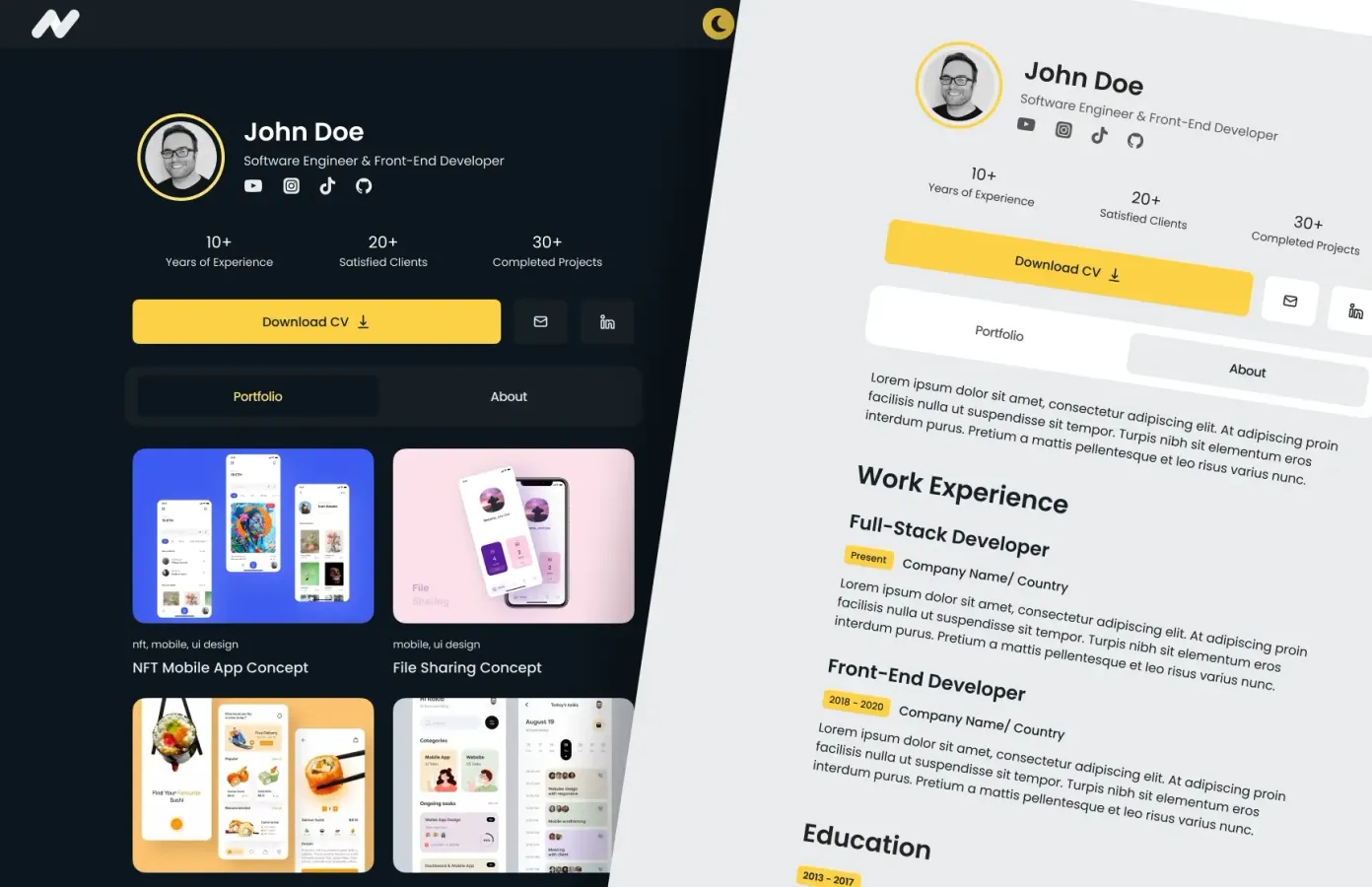 A portfolio website, in both light and dark mode, with avatar, name, title and social links at the top. Call out sections for 10+ years of experience, 20+ satisfied clients, and 30+ completed projects. Download CV button, and the main body of the page allows you to toggle between portfolio (cards for each project) and a more traditional resume.