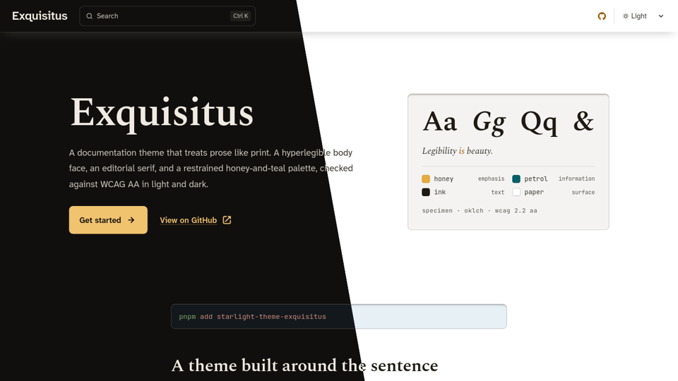 Exquisitus: a documentation theme that treats prose like print. Legibility is beauty. A theme built around the sentence.