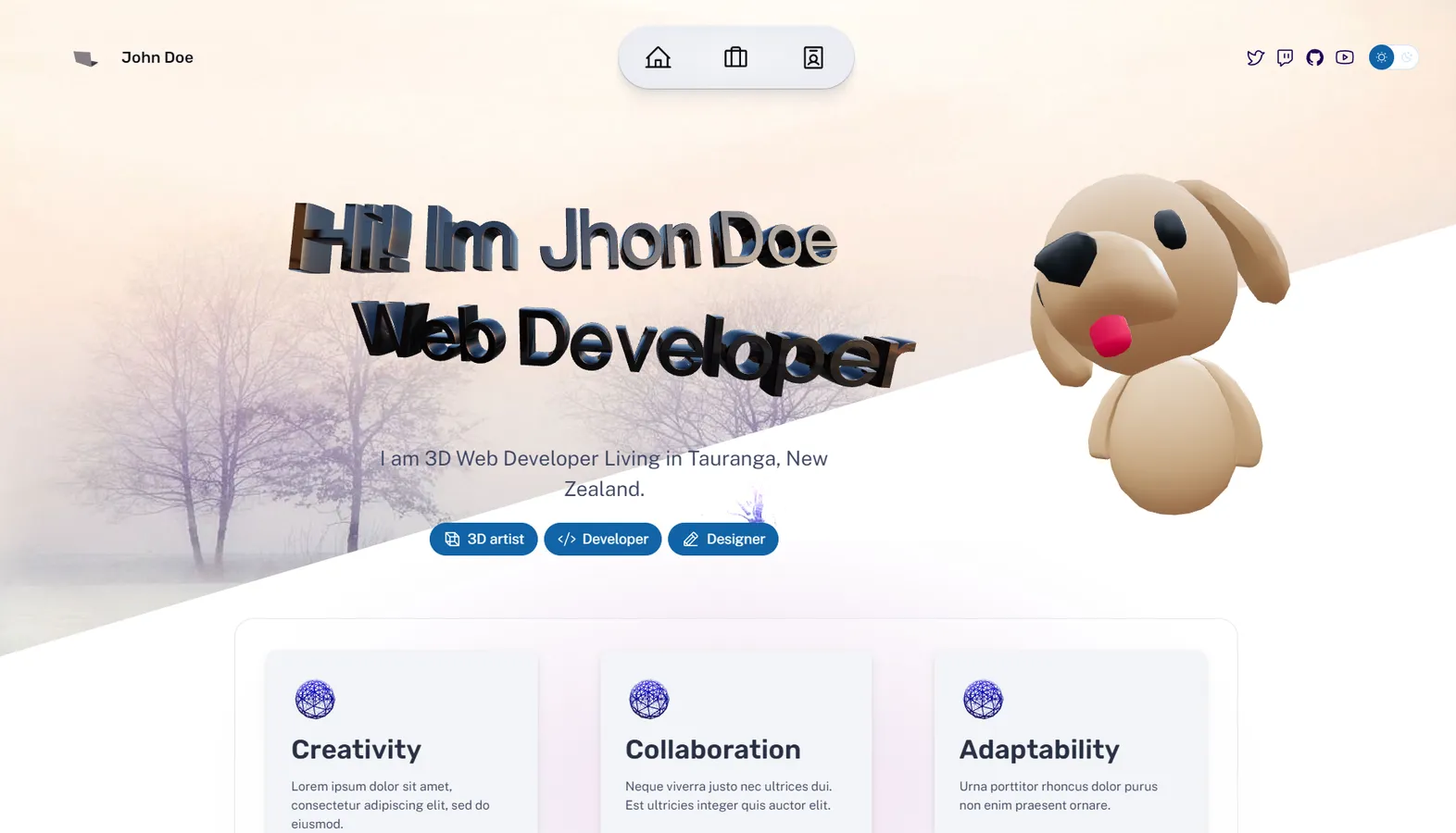 A preview image of the Astro 3D porfolio theme, with 3D rotating text and a #D animated dog.