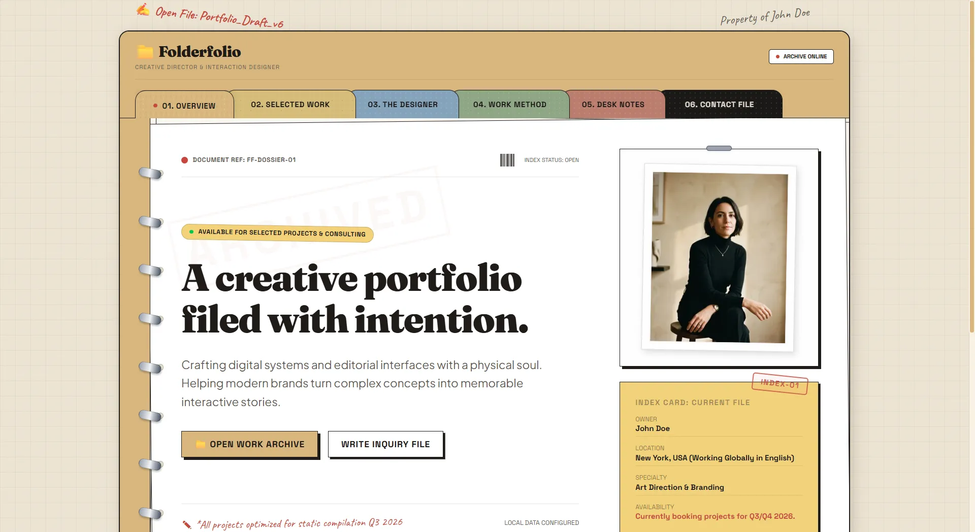 A creative portfolio site that resemples an open binder with 6 colored divider tabs for sections such as overview, selected work, and more.