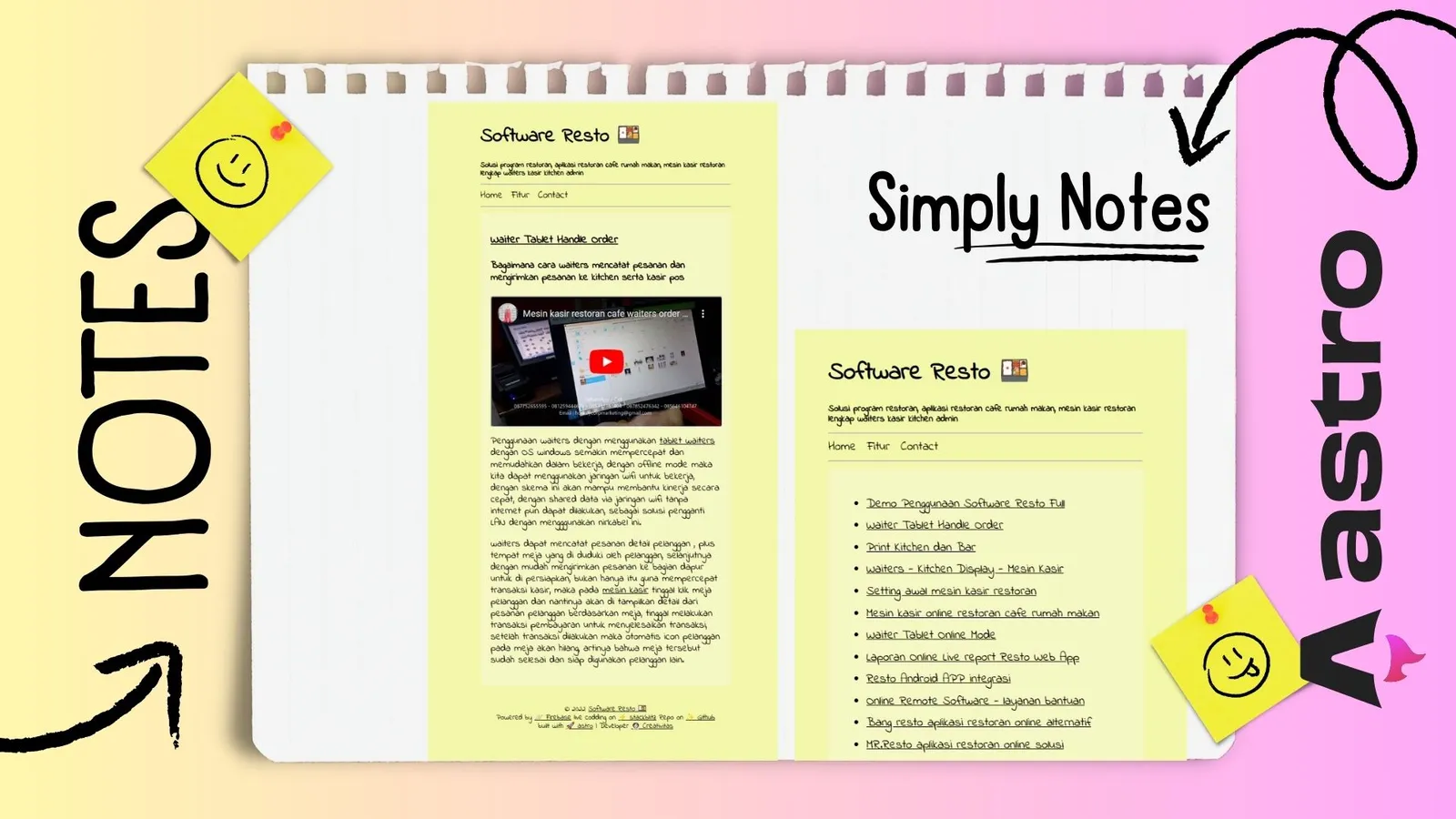 A yellow to light purple gradiant background with a white piece of spiral notebook paper covered in yellow sticky notes with a handwritten font.